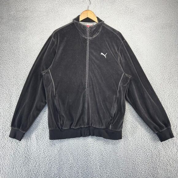 Vintage Puma Track Jacket men's Large Black Zip Suede Velour Embroidered Y2K - Picture 1 of 12